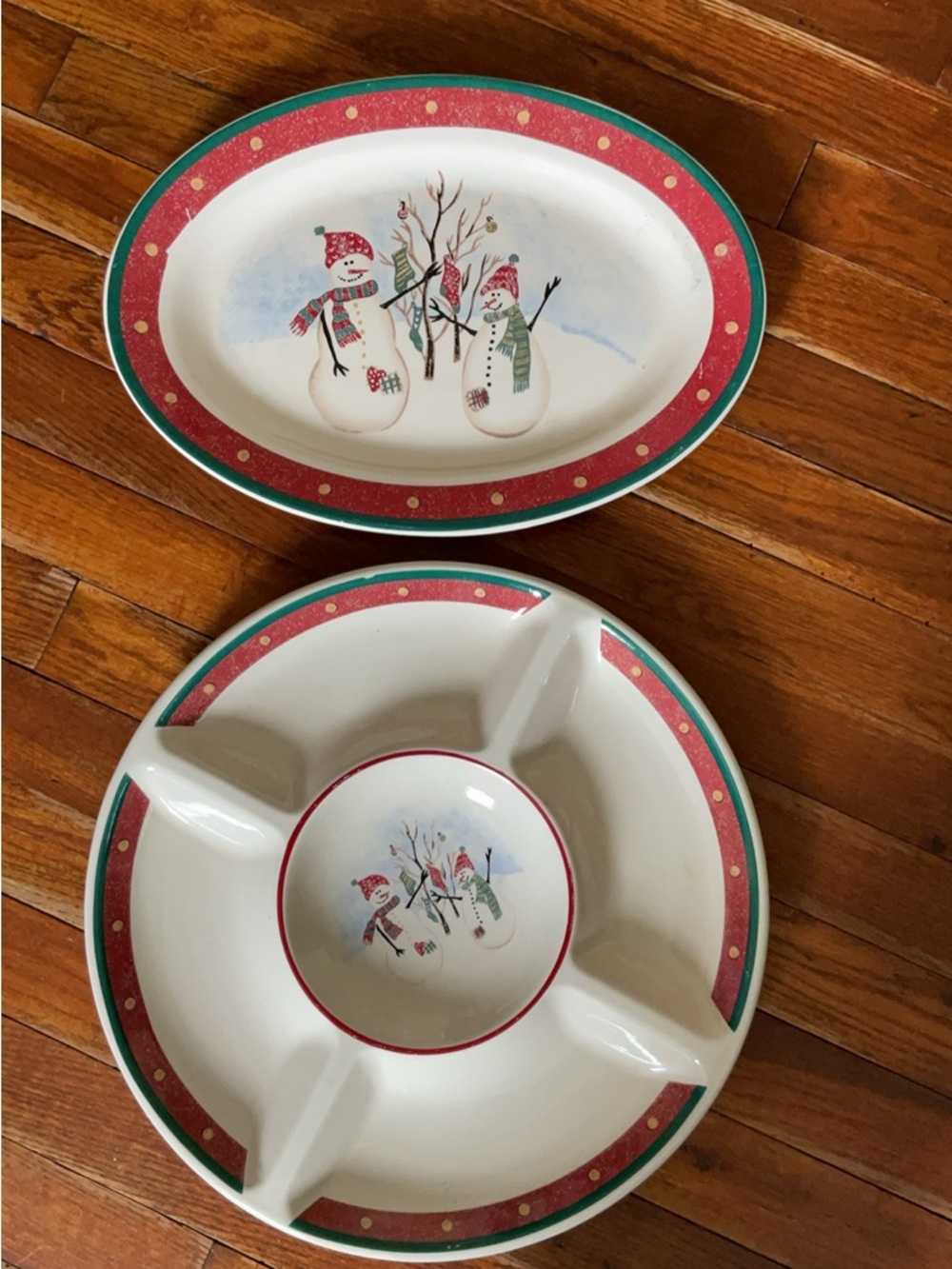 Royal Seasons festive snowman scene platter and divided tray.